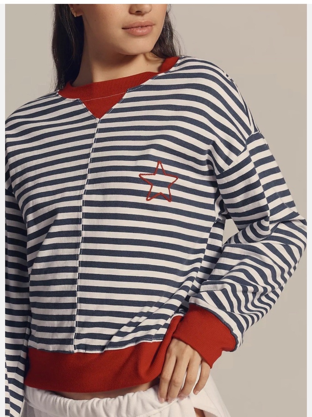 NWT Sundry Navy & White Striped Sweatshirt with Red Trim and Star